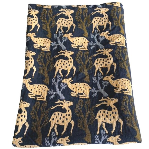 Jeeva Handloom Textile 84 x 56 Gizelle DEER Woven Cotton Navy Gold Fine w Tag